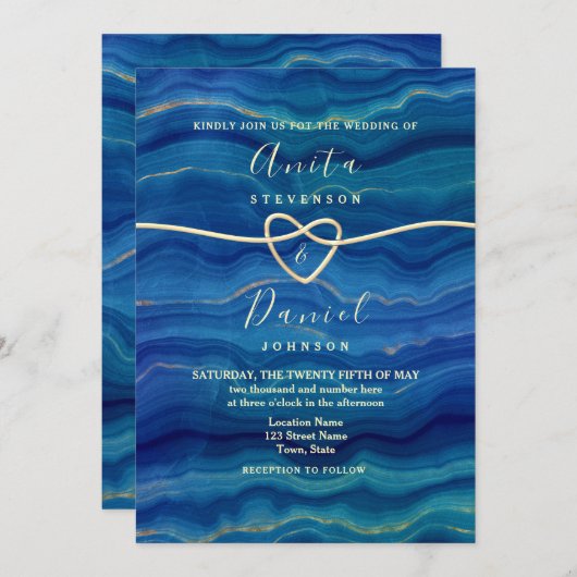 Elegante Blue Beach Wave Gold bruiloft Kaart (Voorkant / Achterkant)