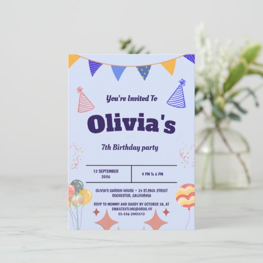 Elegante Blue Birthday Invitation Kaart (Staand voorkant)