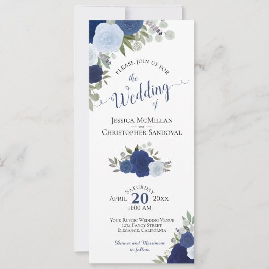 Elegante Blue Boho Rozen QR Code Details Huwelijk Kaart (Voorkant)