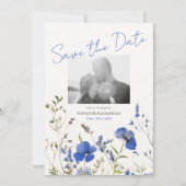 Elegante Blue Boho Wildflowers Foto Bewaar de datu Kaart (Voorkant)