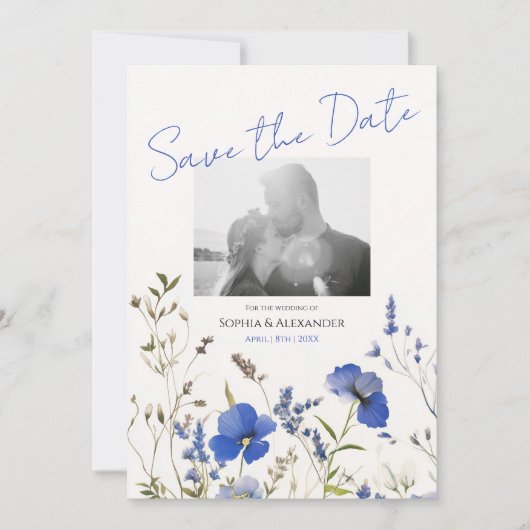 Elegante Blue Boho Wildflowers Foto Bewaar de datu Kaart (Voorkant)