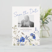 Elegante Blue Boho Wildflowers Foto Bewaar de datu Kaart (Staand voorkant)