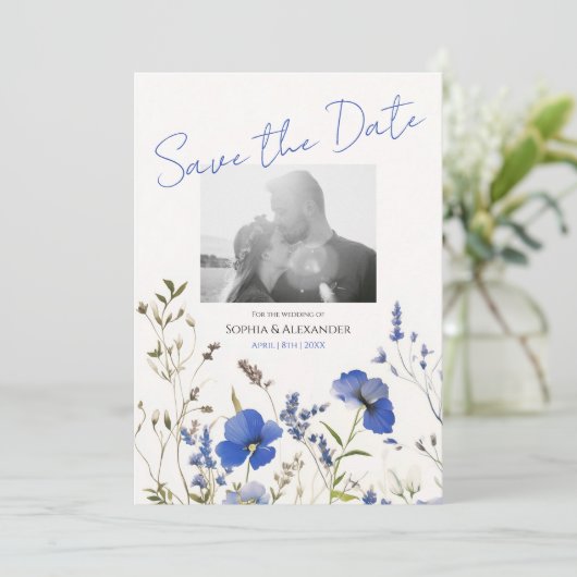 Elegante Blue Boho Wildflowers Foto Bewaar de datu Kaart (Staand voorkant)