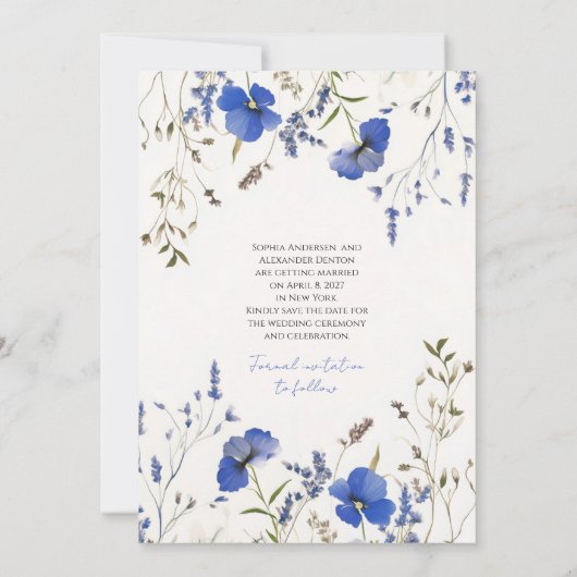 Elegante Blue Boho Wildflowers Foto Bewaar de datu Kaart (Achterkant)