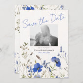Elegante Blue Boho Wildflowers Foto Bewaar de datu Kaart (Voorkant / Achterkant)