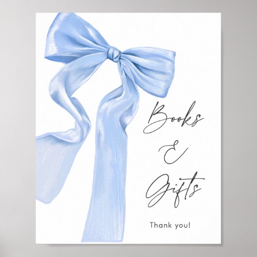 Elegante Blue Bow Baby shower boeken en geschenken Poster (Voorkant)