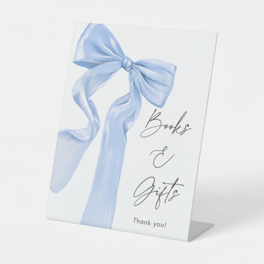 Elegante Blue Bow Baby shower boeken en geschenken Reclamebord Met Voetstuk (Voorkant)