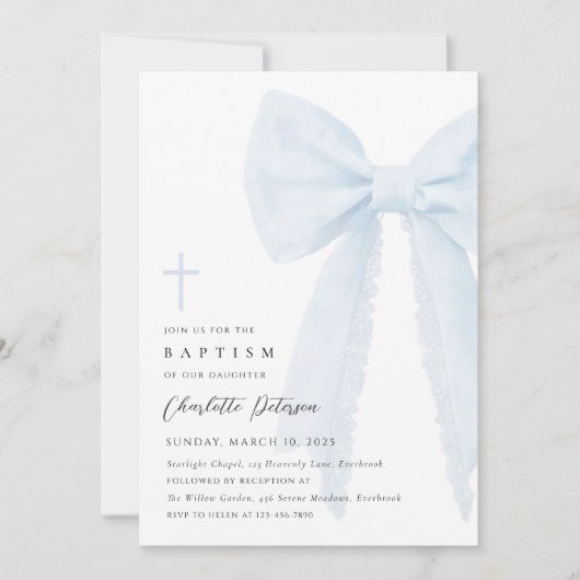 Elegante Blue Bow doop uitnodiging (Voorkant)