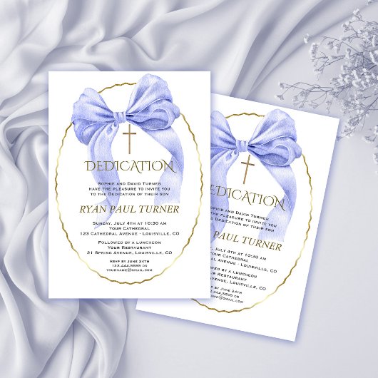 Elegante Blue Bow Gold Boy Toewijding Kaart