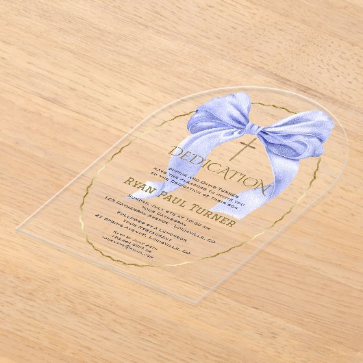 Elegante Blue Bow Gold Boy Toewijding Transparant Acryl Uitnodigingen (Laagn)