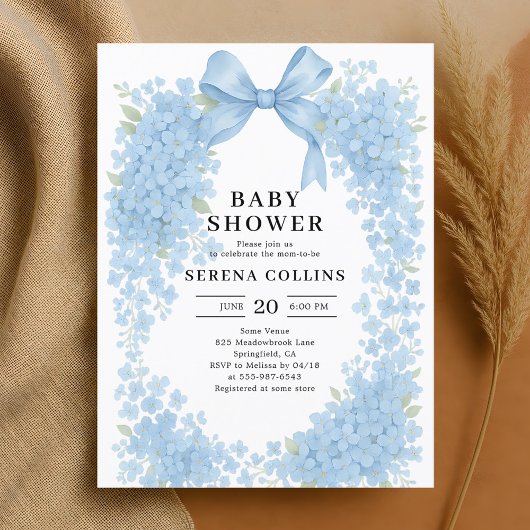Elegante Blue Bow Hortensia Baby shower Briefkaart