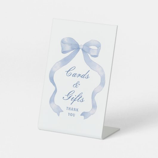 Elegante Blue Bow Kaarten & Geschenken Reclamebord Met Voetstuk (Voorkant)