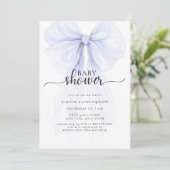 Elegante Blue Bow Minimal Baby shower Invitation Kaart (Staand voorkant)