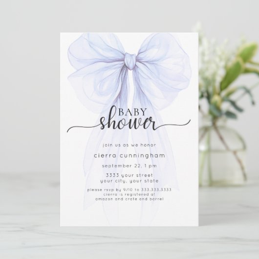 Elegante Blue Bow Minimal Baby shower Invitation Kaart (Staand voorkant)