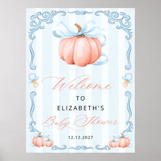 Elegante Blue Bow Schattigee pompoen Baby shower Poster (Voorkant)