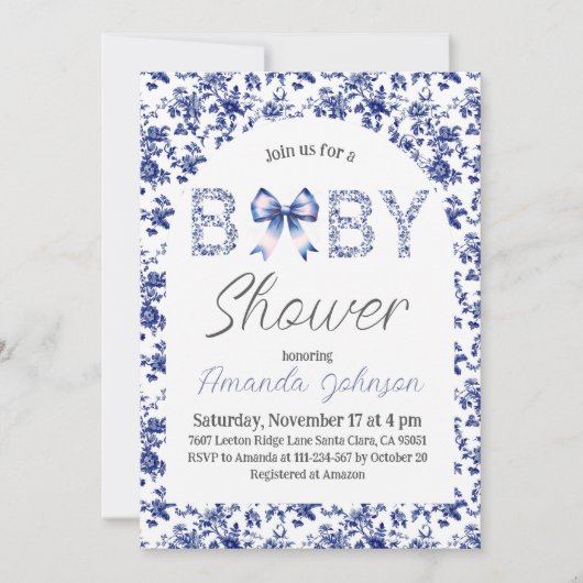 Elegante Blue Bow Toile de Jouy Floral Baby shower Kaart (Voorkant)