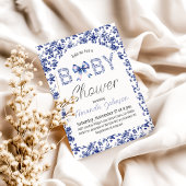 Elegante Blue Bow Toile de Jouy Floral Baby shower Kaart