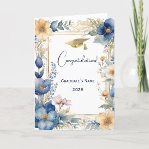 Elegante Blue Cream Flowers gepersonaliseerd Afstu Kaart