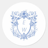 Elegante Blue Crest Monogram bruiloft Ronde Sticker (Voorkant)