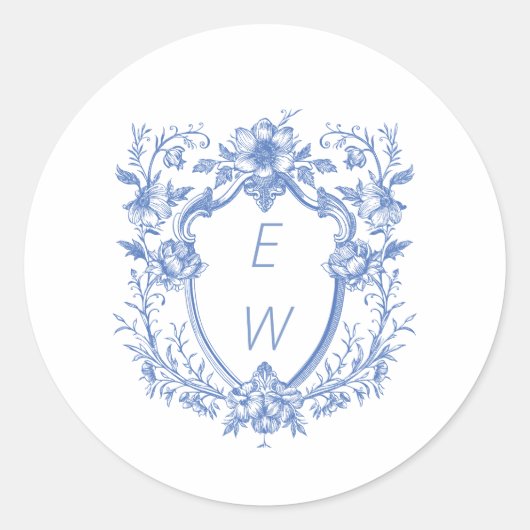 Elegante Blue Crest Monogram bruiloft Ronde Sticker (Voorkant)