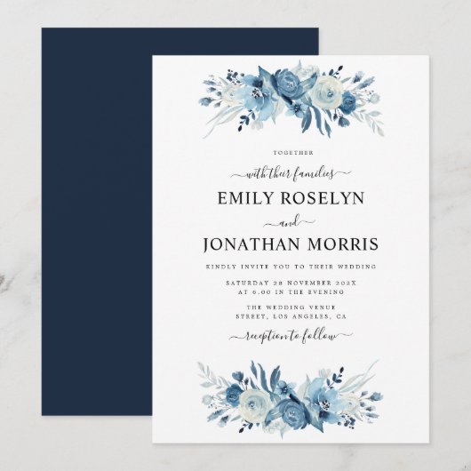 elegante blue floral bruiloft uitnodiging (Voorkant / Achterkant)