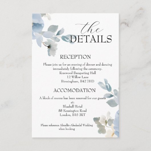 Elegante Blue Floral Wedding Details Behuizing Kaa Informatiekaartje (Voorkant)