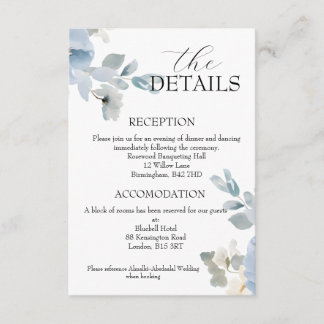 Elegante Blue Floral Wedding Details Behuizing Kaa Informatiekaartje
