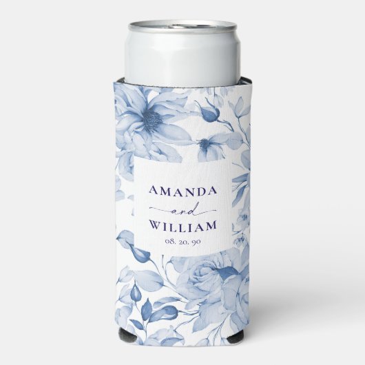 Elegante Blue Floral Wedding Koelbox Seltzer Blikjeskoeler (Seltzer Voorkant)