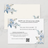 Elegante Blue Floral Wedding RSVP Kaart met QR-cod (Voorkant / Achterkant)