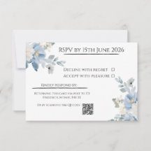 Elegante Blue Floral Wedding RSVP Kaart met QR-cod