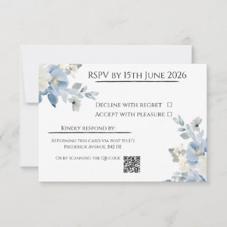 Elegante Blue Floral Wedding RSVP Kaart met QR-cod