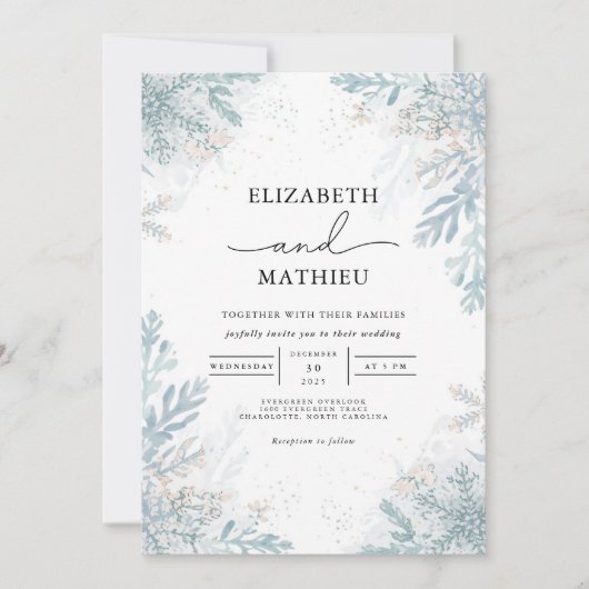 Elegante Blue Frost Botanische Winter Wedding Kaart (Voorkant)