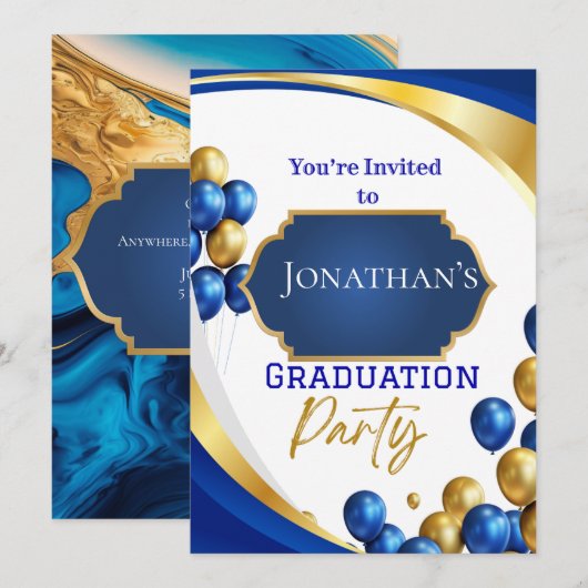Elegante Blue & Gold Graduation Party Uitnodiging (Voorkant / Achterkant)