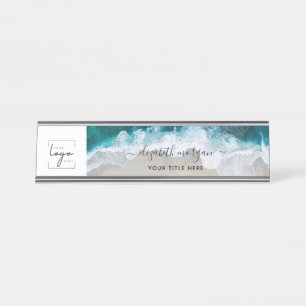 Elegante Blue Green Beach Custom Script Logo Bureau Naambordje