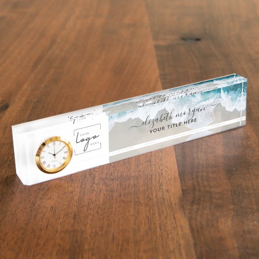 Elegante Blue Green Beach Custom Script Logo Naambordje (Zijkant)