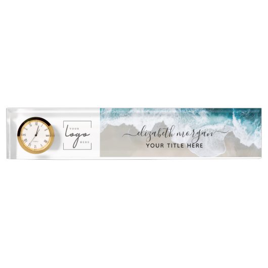 Elegante Blue Green Beach Custom Script Logo Naambordje (Voorkant)