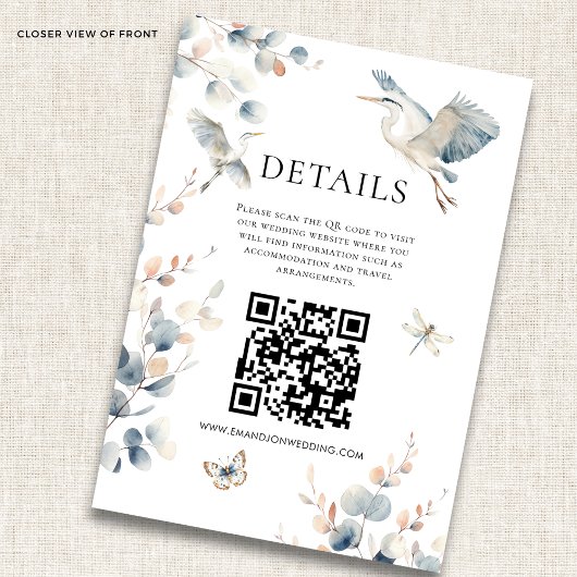 Elegante Blue Heron QR-code Trouwdetails Informatiekaartje