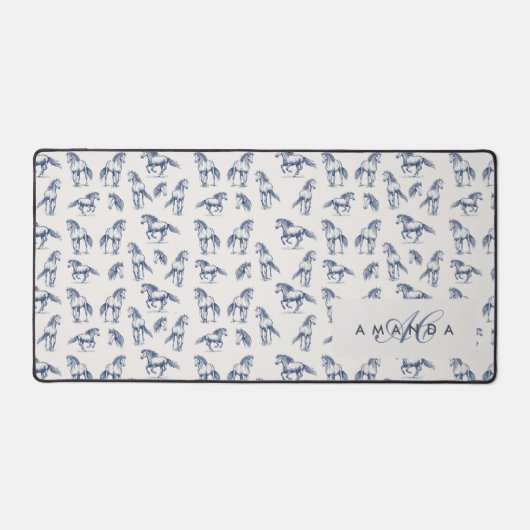 Elegante Blue Horses Monogrammed Initiaal geschenk Bureaumat (Voorkant)