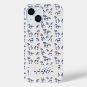 Elegante Blue Horses Monogrammed Initiaal geschenk iPhone 15 Case