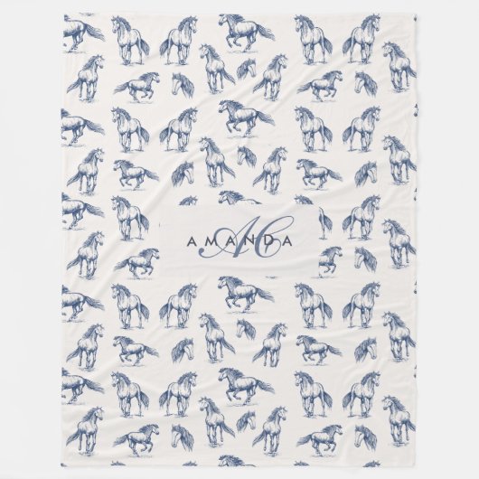 Elegante Blue Horses Monogrammed Initiaal geschenk Fleece Deken (Voorkant)