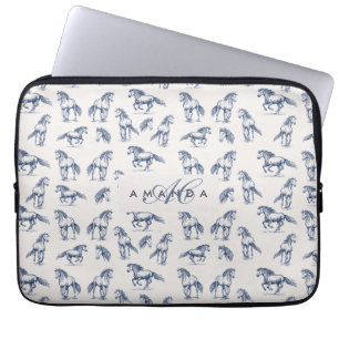 Elegante Blue Horses Monogrammed Initiaal geschenk Laptop Sleeve