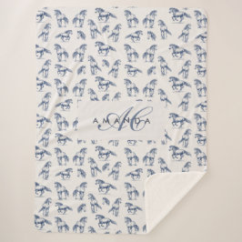 Elegante Blue Horses Monogrammed Initiaal geschenk Sherpa Deken