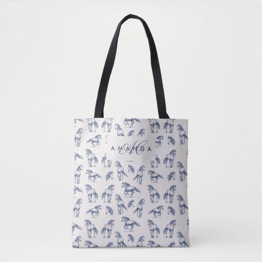 Elegante Blue Horses Monogrammed Initiaal geschenk Tote Bag (Voorkant)