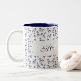 Elegante Blue Horses Monogrammed Initiaal geschenk Tweekleurige Koffiemok
