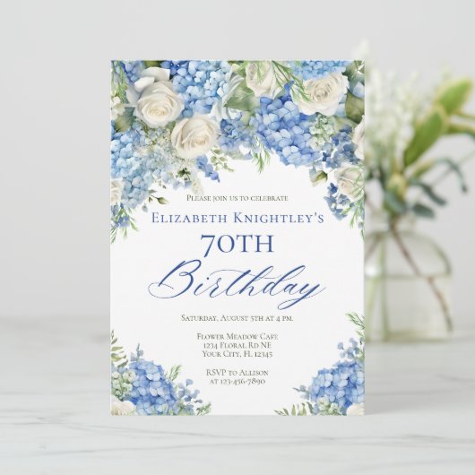 Elegante Blue Hydrangea Rozen Garden Verjaardagsfe Kaart (Staand voorkant)