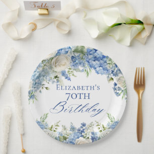 Elegante Blue Hydrangea Rozen Garden Verjaardagsfe Papieren Bordje