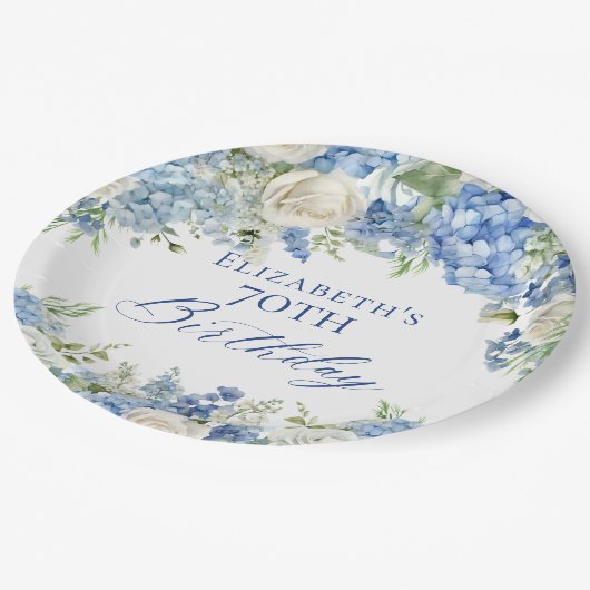 Elegante Blue Hydrangea Rozen Garden Verjaardagsfe Papieren Bordje (Gekanteld)