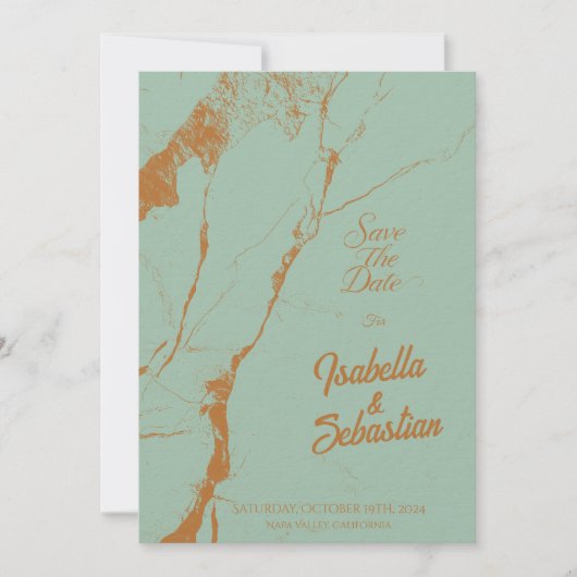 Elegante Blue & Koper Marmer Save the Date-huwelij Kaart (Voorkant)