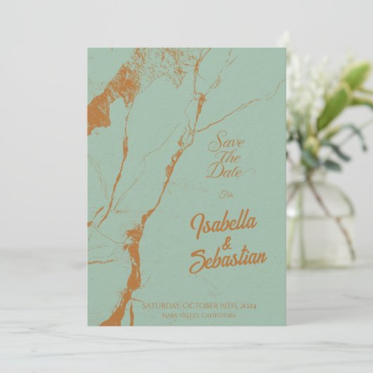 Elegante Blue & Koper Marmer Save the Date-huwelij Kaart (Staand voorkant)