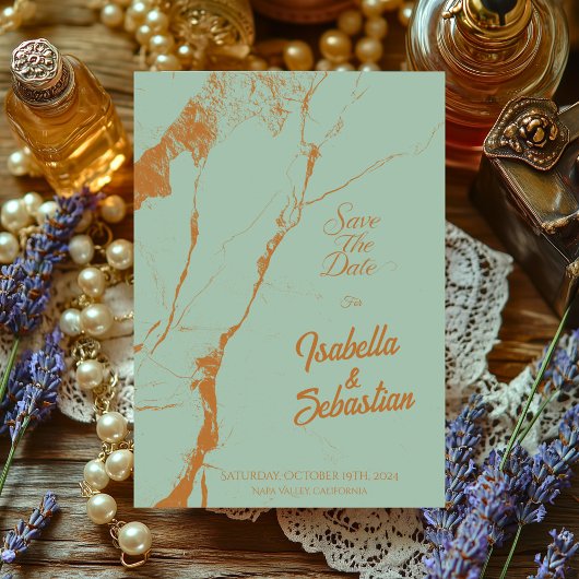 Elegante Blue & Koper Marmer Save the Date-huwelij Kaart